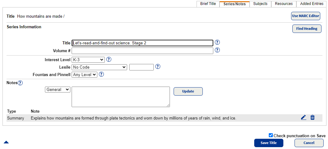 Easy Editor's Series/Notes sub-tab.